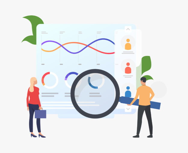 Businesspeople with magnifying glass at diagrams vector
