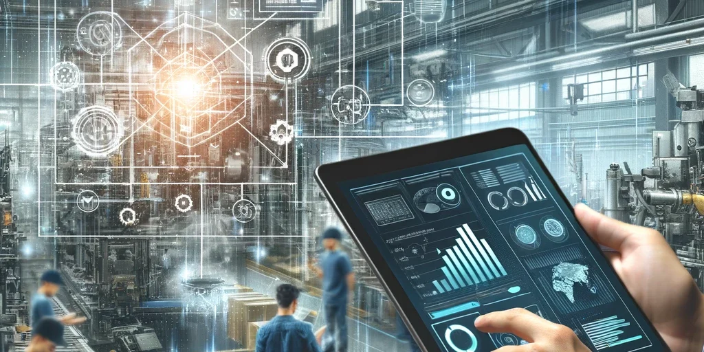 DALLE 2024-06-12 085304 – A detailed image of a small to medium-sized manufacturing plant showcasing modern digital tools in use The background features machinery and workers