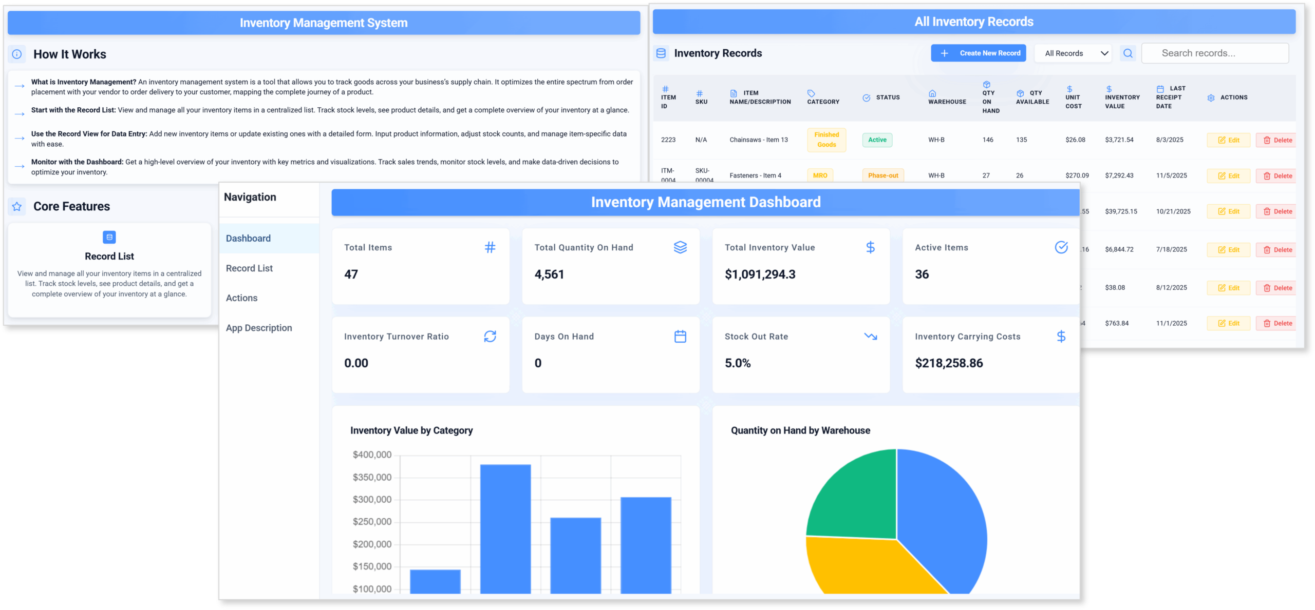 Inventory | Praxie Dashboard UI for Inventory Management showing records list, navigation pane, and summary charts (Total Items, On Hand, Inventory Value) across panels.