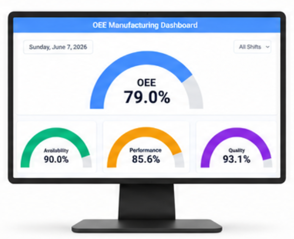OEE manufacturing dashboard displayed on a computer monitor