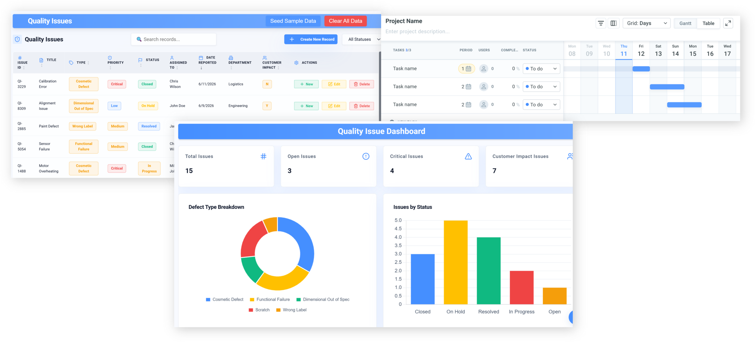 Quality Issue | Praxie Collage of a Quality Issues dashboard showing an issue list with IDs, titles, types and priorities, a search bar, and top action buttons, plus a project timeline and a separate Quality Issue Dashboard with summary cards and charts.