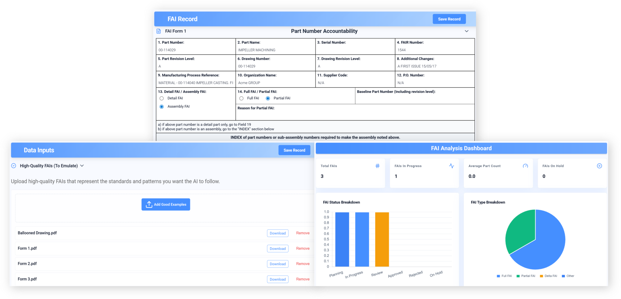 Praxie AI first article inspection interface.