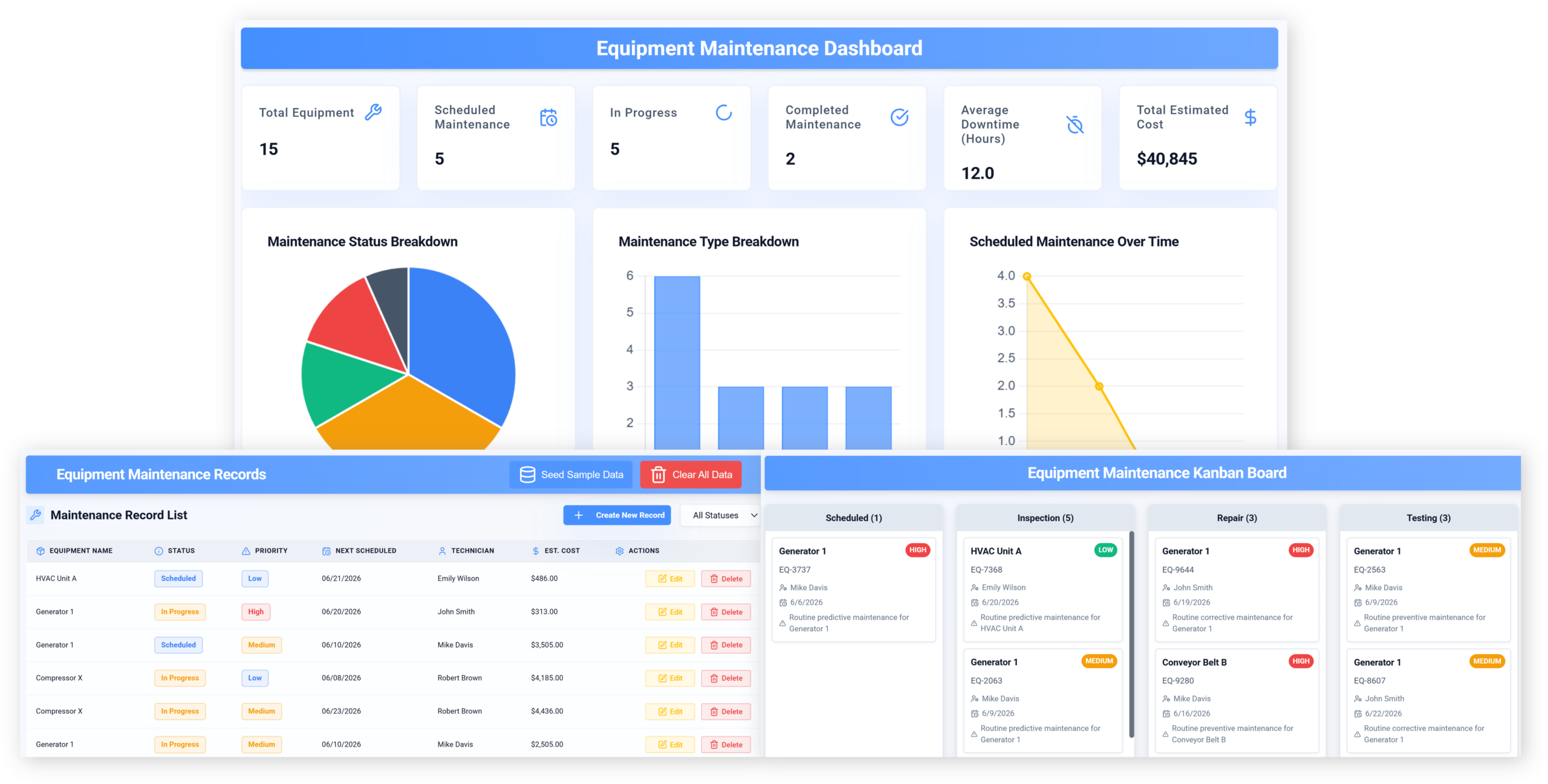 Praxie AI equipment maintenance interface.