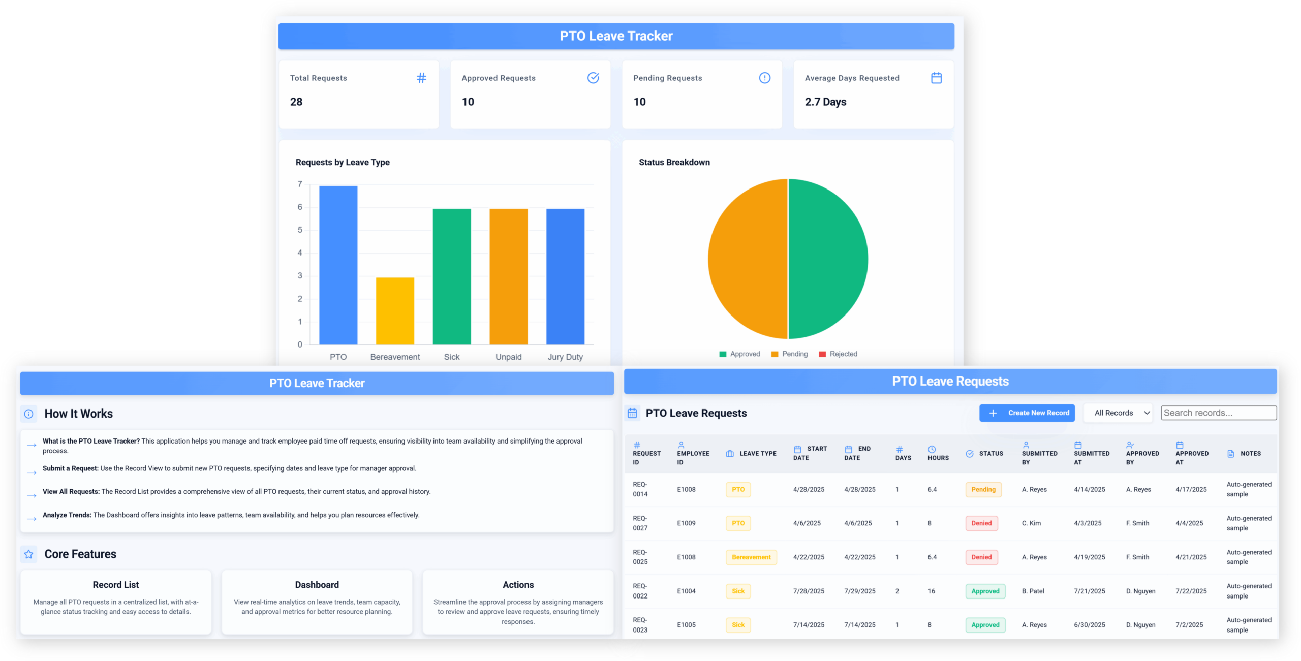 Praxie AI PTO and leave tracking software interface.