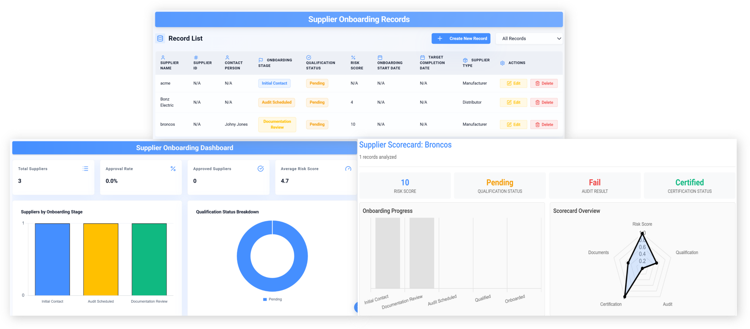 Praxie AI supplier onboarding software interface.