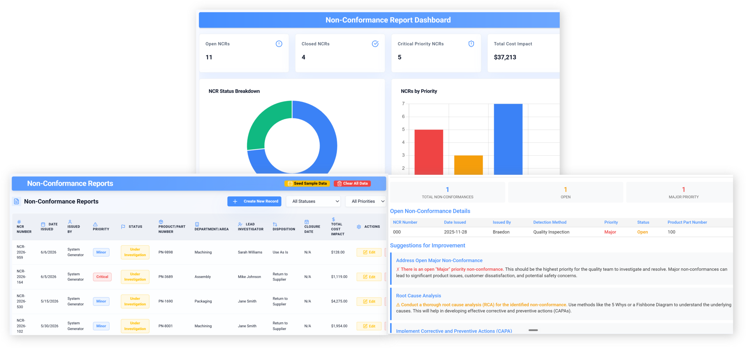 Praxie AI non-conformance report interface.