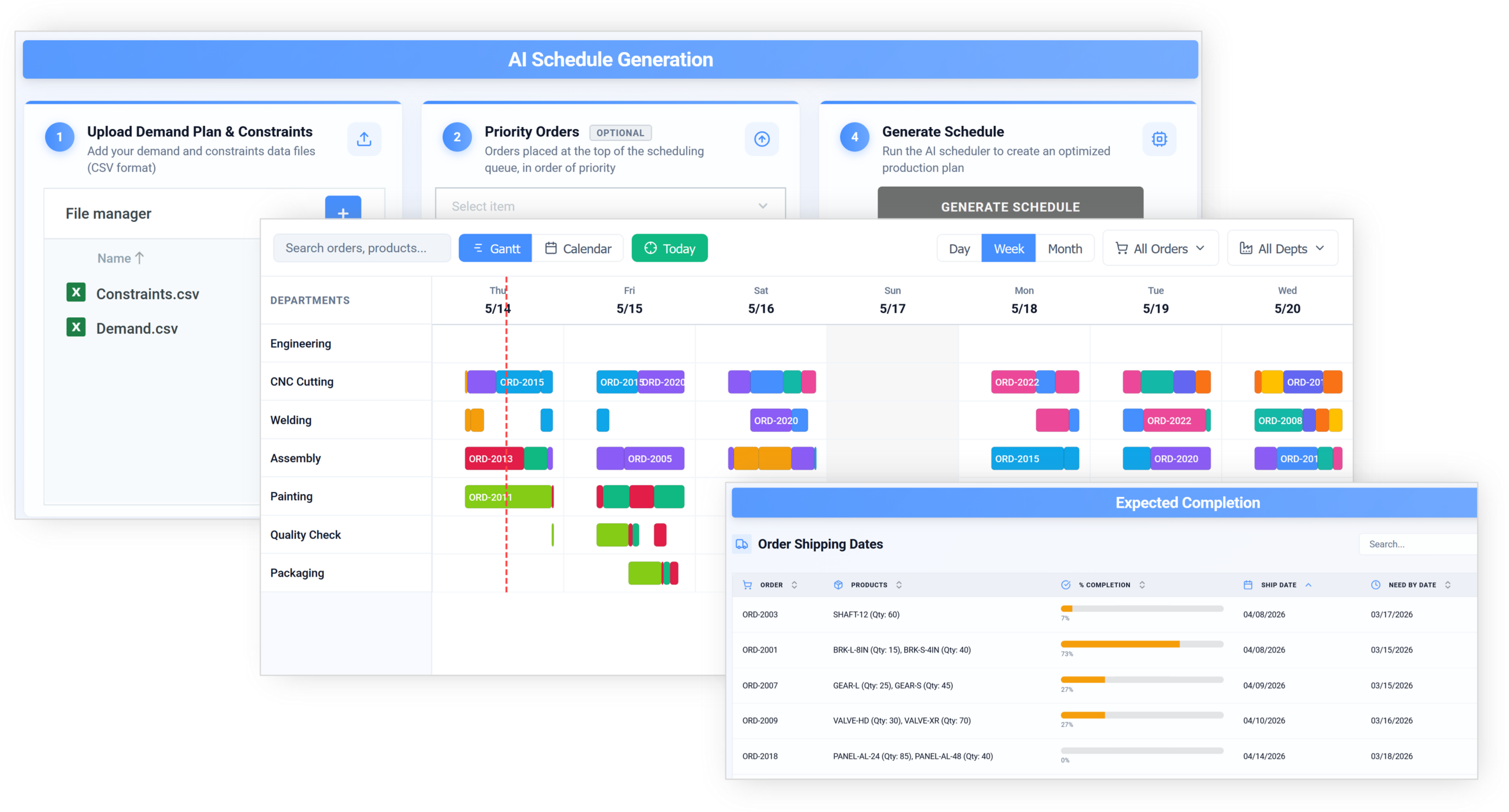 Praxie AI production scheduling interface.