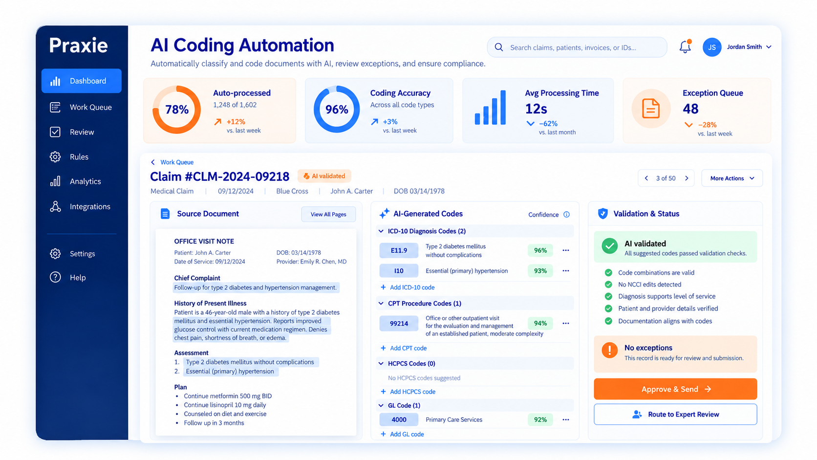 Praxie AI coding and classification automation interface.