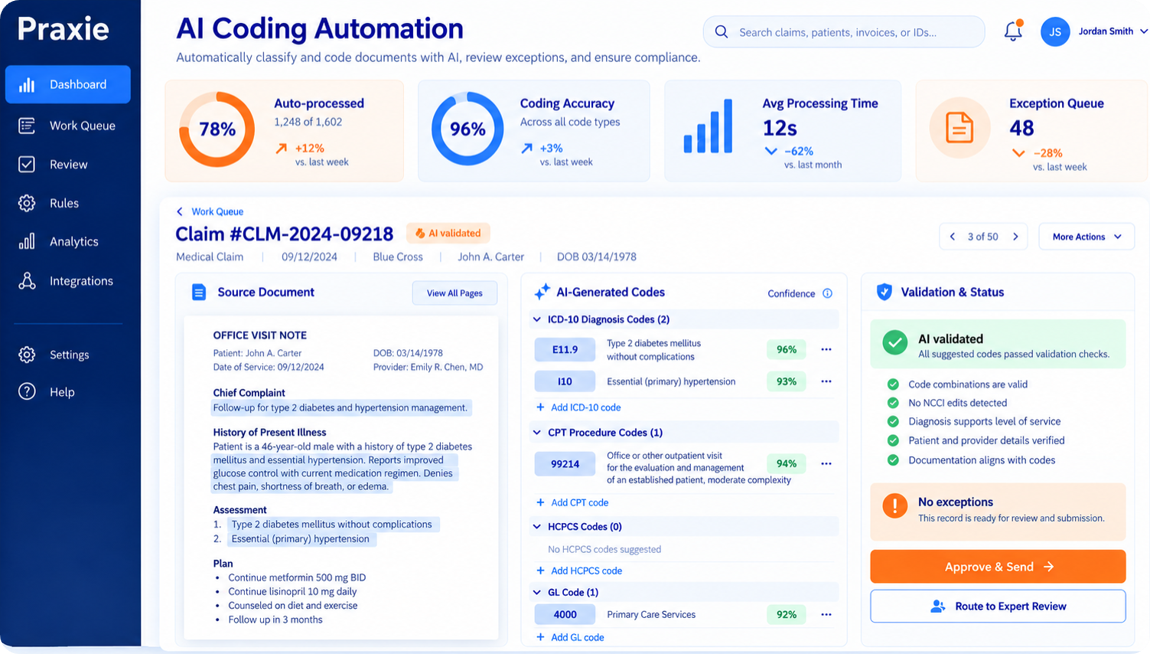 Praxie AI coding and classification automation interface.